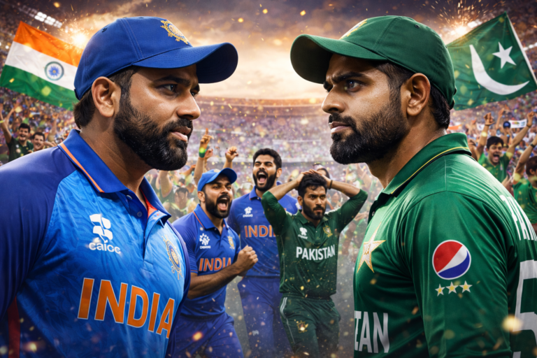 क्रिकेट स्टेडियम में भारत और पाकिस्तान टीमों के झंडे और पिच का दृश्य