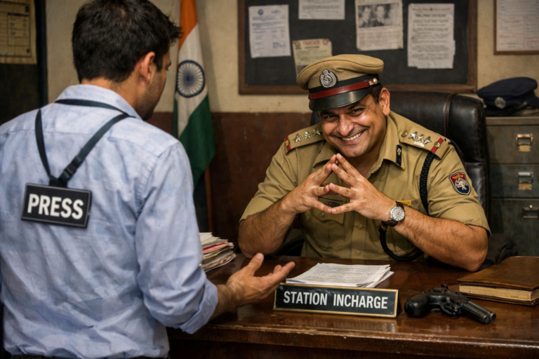 सोशल मीडिया पर वायरल एआई से निर्मित तस्वीर को लेकर मोबाइल स्क्रीन देखते पुलिस अधिकारी