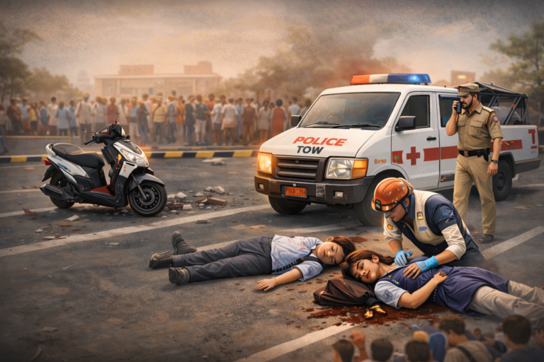 रायपुर के सिविल लाइन क्षेत्र में दुर्घटनास्थल पर खड़ी पुलिस टो वैन और क्षतिग्रस्त स्कूटी