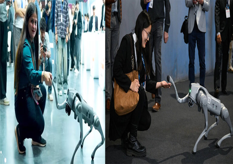 AI सम्मेलन में प्रदर्शित चार पैरों वाला रोबोटिक डॉग का प्रतीकात्मक दृश्य