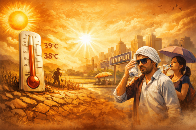 रायपुर में दोपहर के समय तेज धूप के बीच सड़क पर चलते लोग