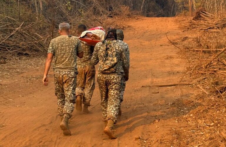 जंगल में स्ट्रेचर से गर्भवती महिला को ले जाते ITBP और पुलिस जवान