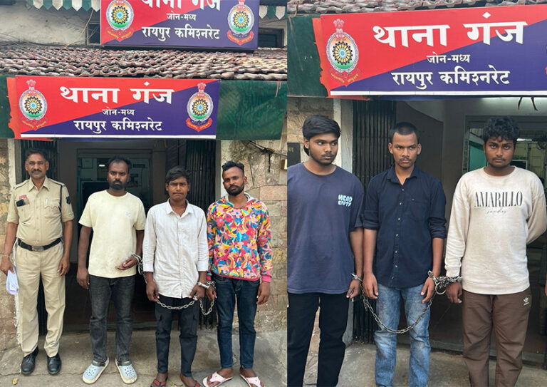 गंज थाना क्षेत्र में जब्त चाकू और शराब के साथ पुलिस टीम