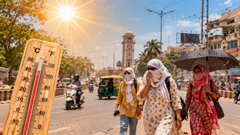 तेज धूप में सड़क पर चलते लोग और गर्मी से बचाव के उपाय करते हुए नागरिक