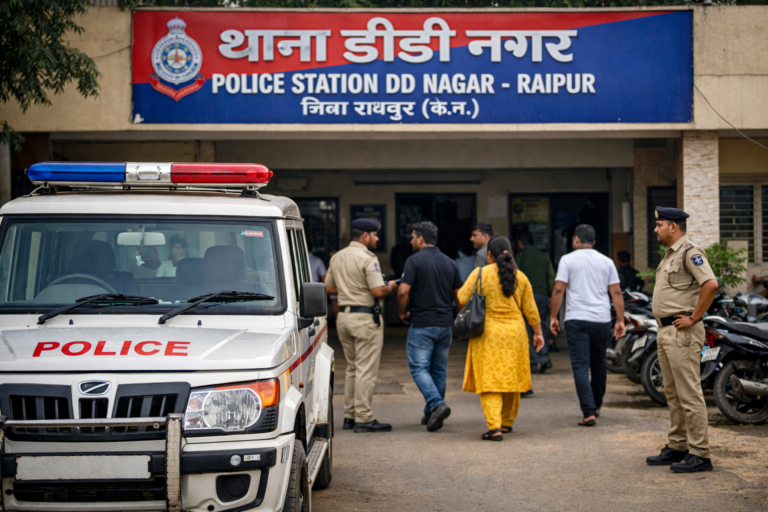 थाना परिसर के बाहर खड़ी पुलिस गाड़ी और आने-जाने वाले लोग