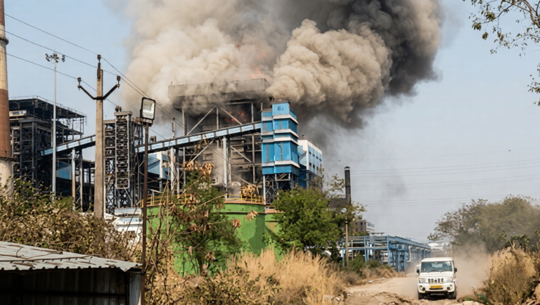 सक्ती: वेदांता पावर प्लांट में बॉयलर विस्फोट, कई मजदूरों की मौत, 30 से अधिक झुलसे वेदांता पावर प्लांट परिसर में विस्फोट के बाद राहत और बचाव कार्य करते लोग