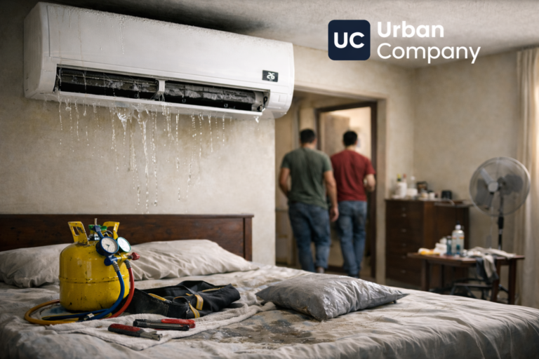 घर में एसी सर्विस के दौरान काम करते तकनीशियन