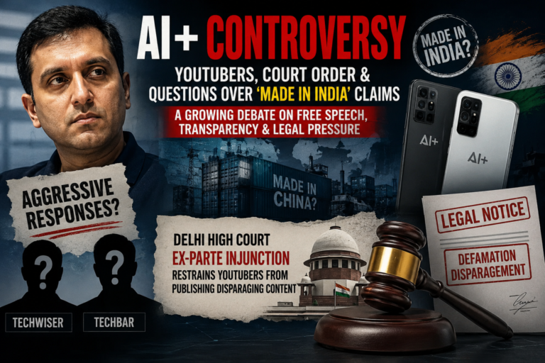 AI+ Smartphone विवाद के बीच दिल्ली हाईकोर्ट और टेक यूट्यूबर समीक्षा से जुड़ा प्रतीकात्मक दृश्य