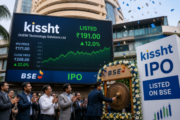 Kissht IPO की शेयर बाजार में लिस्टिंग से जुड़ा प्रतीकात्मक दृश्य