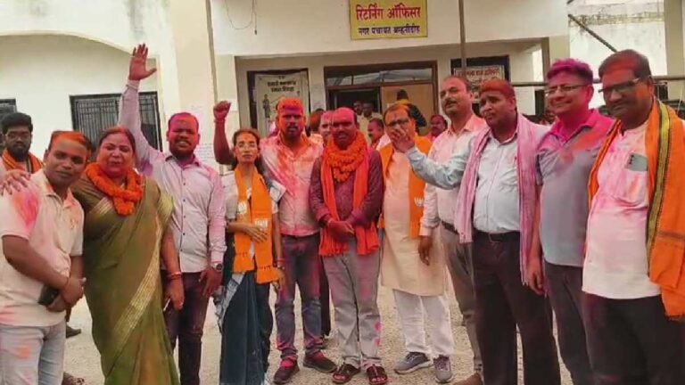 बम्हनीडीह नगर पंचायत चुनाव में जीत के बाद जश्न मनाते भाजपा कार्यकर्ता
