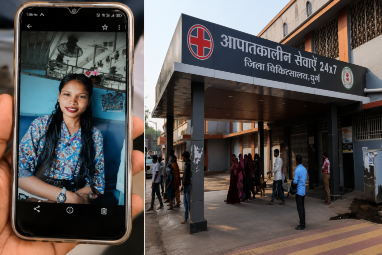 दुर्ग जिला अस्पताल में युवती की मौत के बाद परिजनों के दुख और अस्पताल जांच को दर्शाता प्रतीकात्मक दृश्य