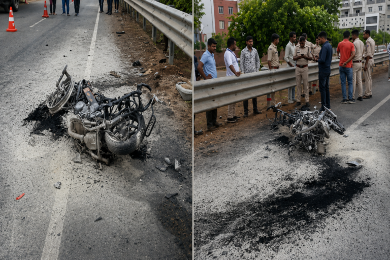 दुर्ग: एनएच-53 पर ट्रेलर की टक्कर से बाइक सवार युवक की मौत, हादसे के बाद बाइक में लगी आग दुर्ग-राजनांदगांव बाईपास पर सड़क दुर्घटना के बाद जांच करती पुलिस टीम