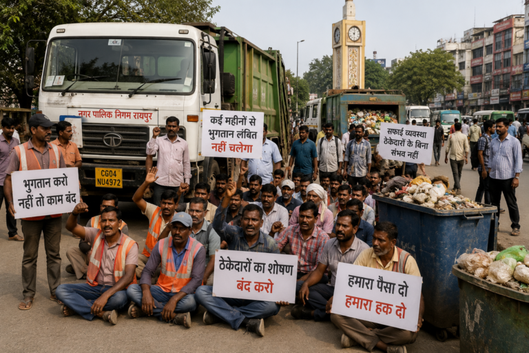 रायपुर में सफाई ठेकेदारों द्वारा भुगतान विवाद को लेकर किया गया प्रदर्शन