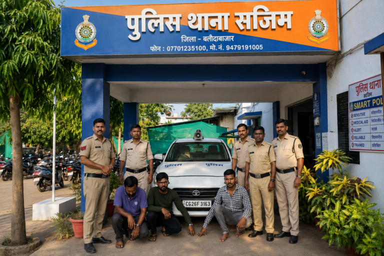 राजिम पुलिस द्वारा गांजा तस्करी मामले में जब्त गांजा और स्विफ्ट डिजायर कार
